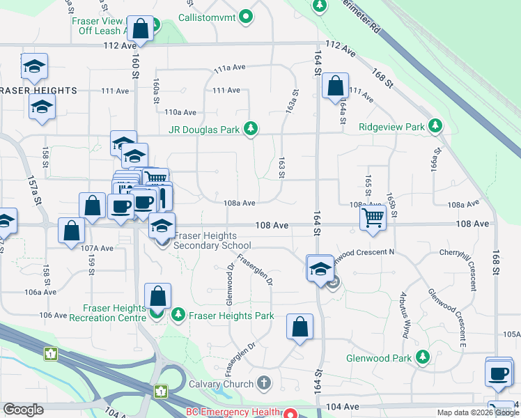 map of restaurants, bars, coffee shops, grocery stores, and more near 16280 108A Avenue in Surrey