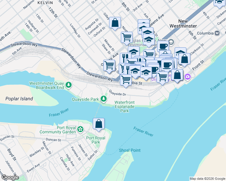 map of restaurants, bars, coffee shops, grocery stores, and more near 1245 Quayside Drive in New Westminster