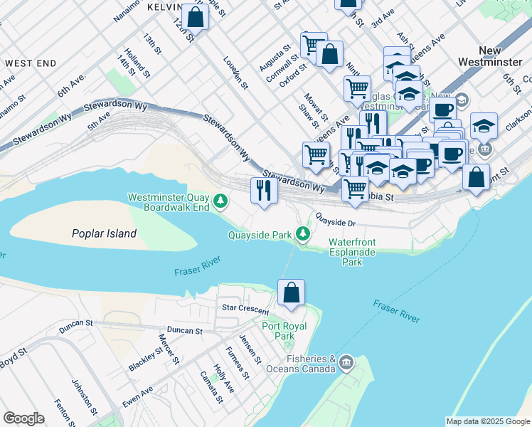 map of restaurants, bars, coffee shops, grocery stores, and more near in New Westminster