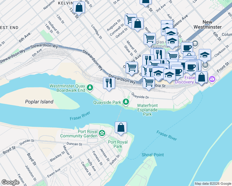 map of restaurants, bars, coffee shops, grocery stores, and more near 12 Laguna Court in New Westminster
