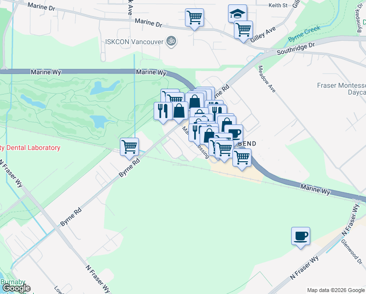 map of restaurants, bars, coffee shops, grocery stores, and more near 5450 Byrne Road in Burnaby