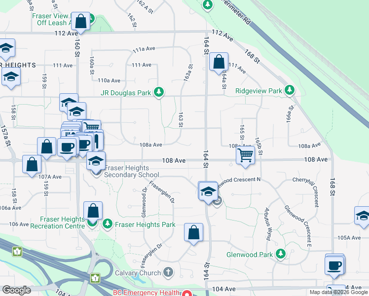 map of restaurants, bars, coffee shops, grocery stores, and more near 16328 108A Avenue in Surrey
