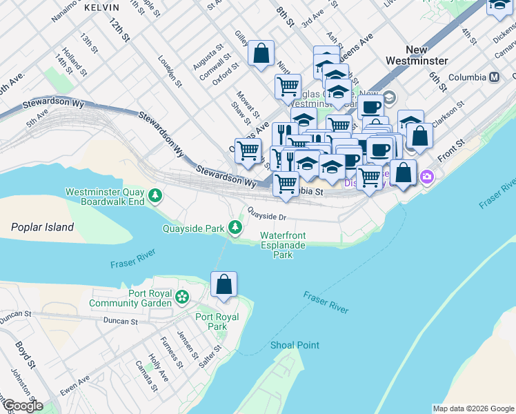 map of restaurants, bars, coffee shops, grocery stores, and more near 1245 Quayside Drive in New Westminster