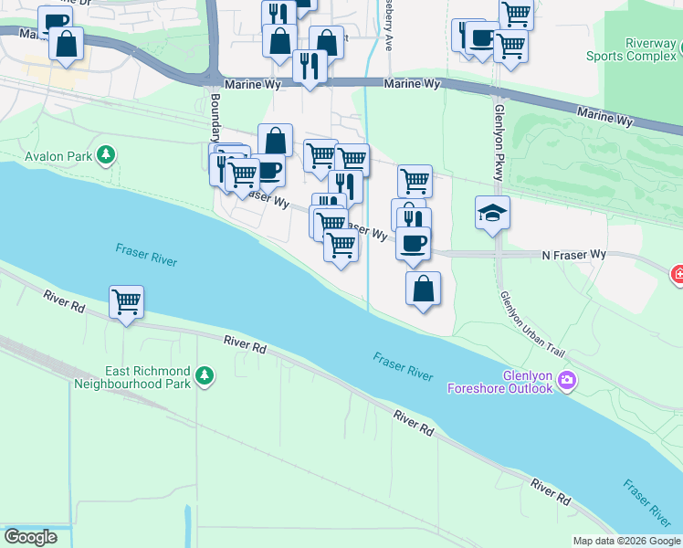 map of restaurants, bars, coffee shops, grocery stores, and more near 8980 Fraserwood Court in Burnaby