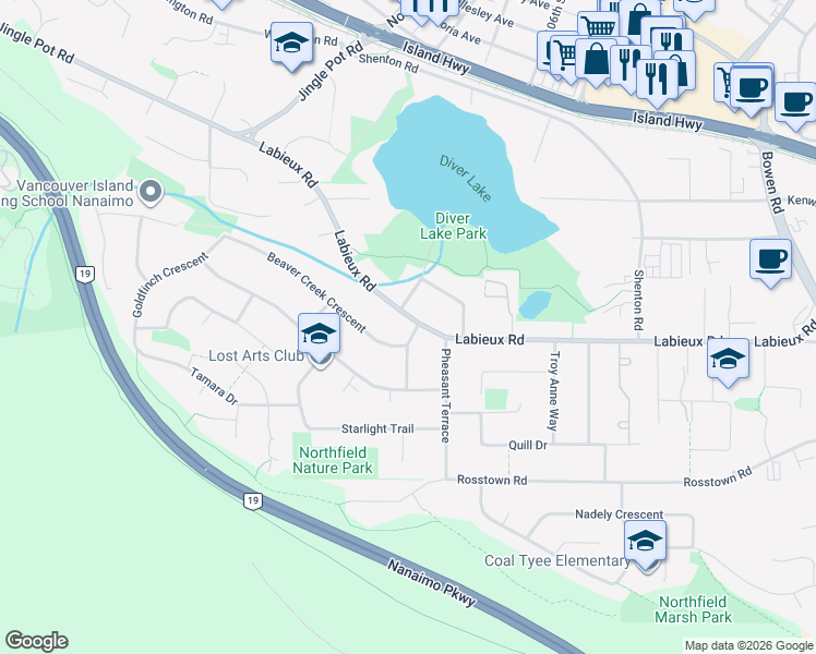 map of restaurants, bars, coffee shops, grocery stores, and more near in Nanaimo