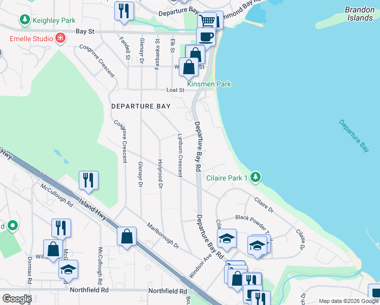 map of restaurants, bars, coffee shops, grocery stores, and more near 2545 Departure Bay Road in Nanaimo