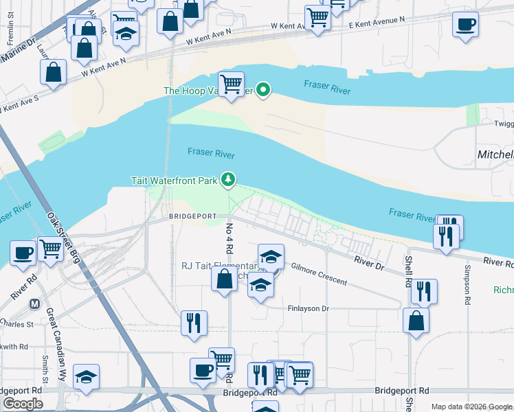 map of restaurants, bars, coffee shops, grocery stores, and more near 10033 River Drive in Richmond