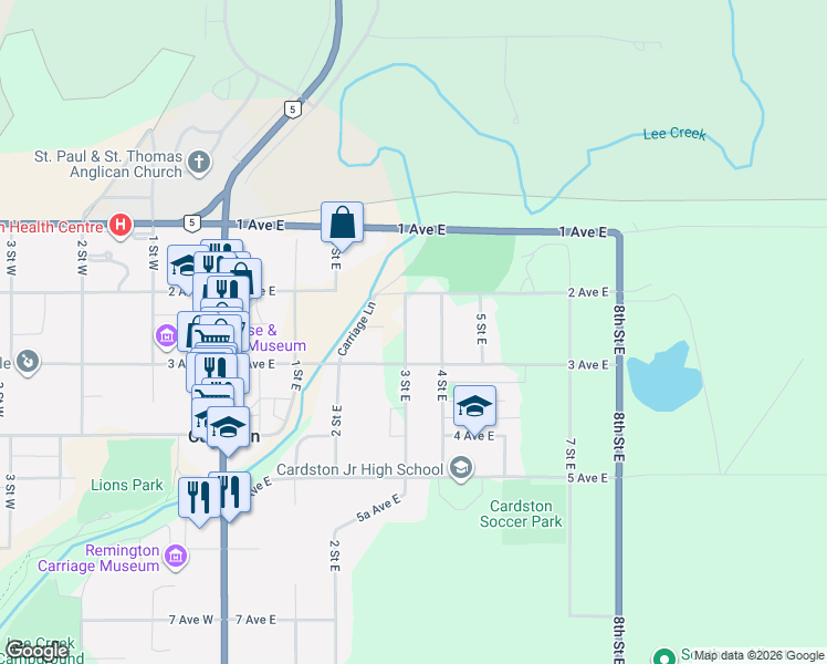 map of restaurants, bars, coffee shops, grocery stores, and more near 221 3 Street East in Cardston