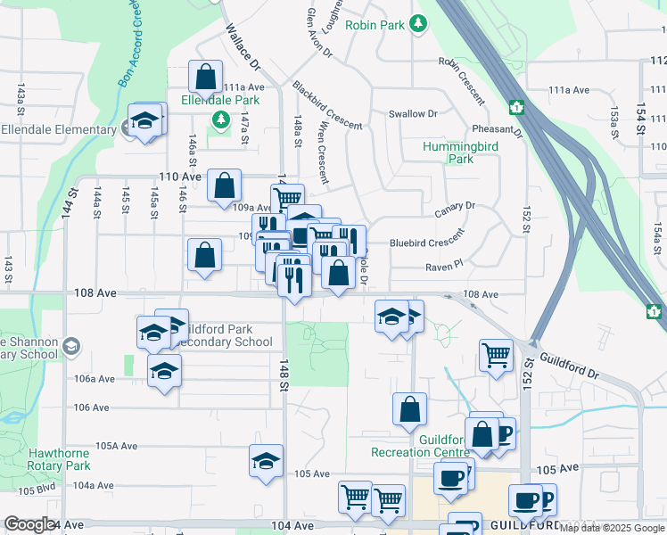 map of restaurants, bars, coffee shops, grocery stores, and more near in Surrey