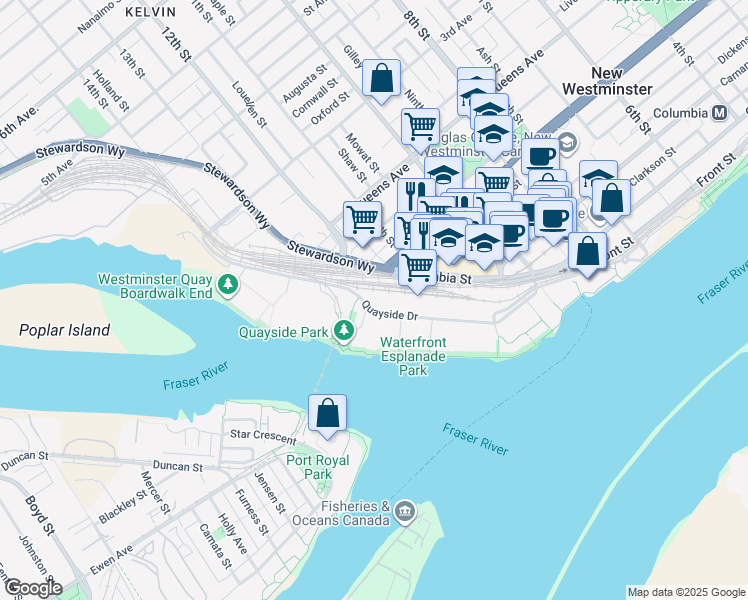 map of restaurants, bars, coffee shops, grocery stores, and more near 1245 Quayside Drive in New Westminster