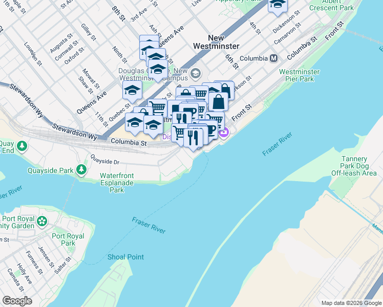 map of restaurants, bars, coffee shops, grocery stores, and more near 988 Quayside Drive in New Westminster
