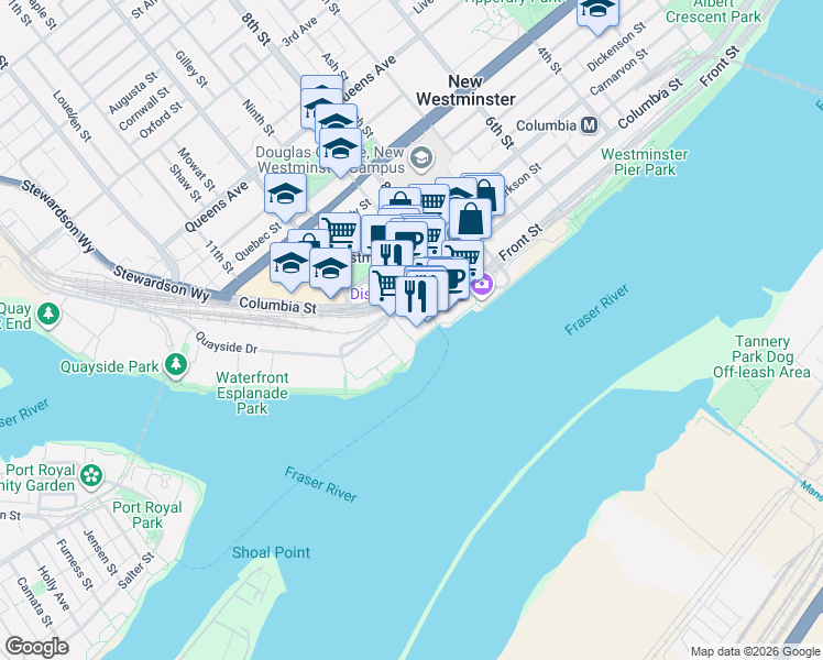map of restaurants, bars, coffee shops, grocery stores, and more near 988 Quayside Drive in New Westminster