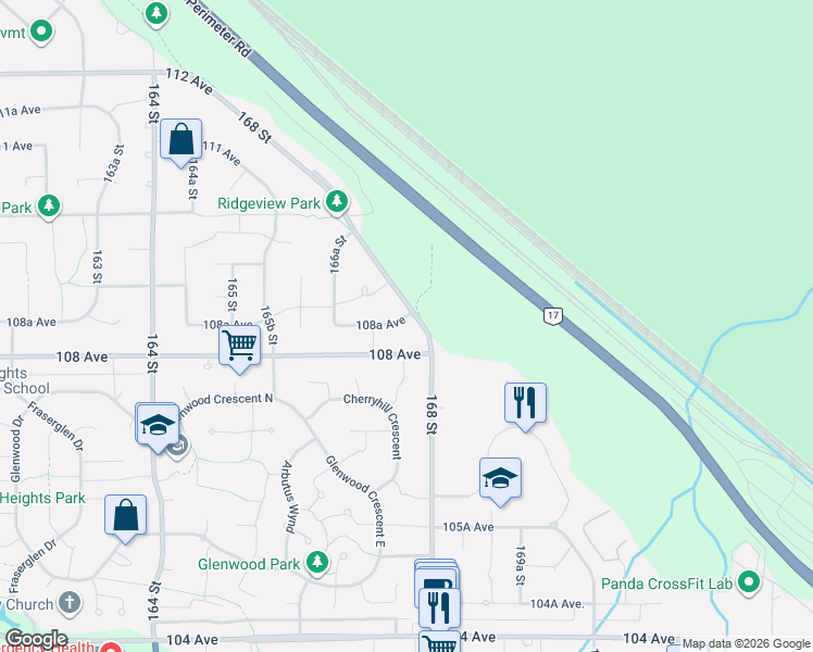 map of restaurants, bars, coffee shops, grocery stores, and more near 16766 108A Avenue in Surrey