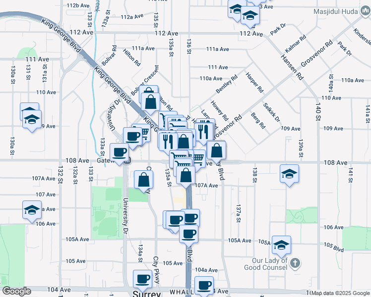 map of restaurants, bars, coffee shops, grocery stores, and more near in Surrey