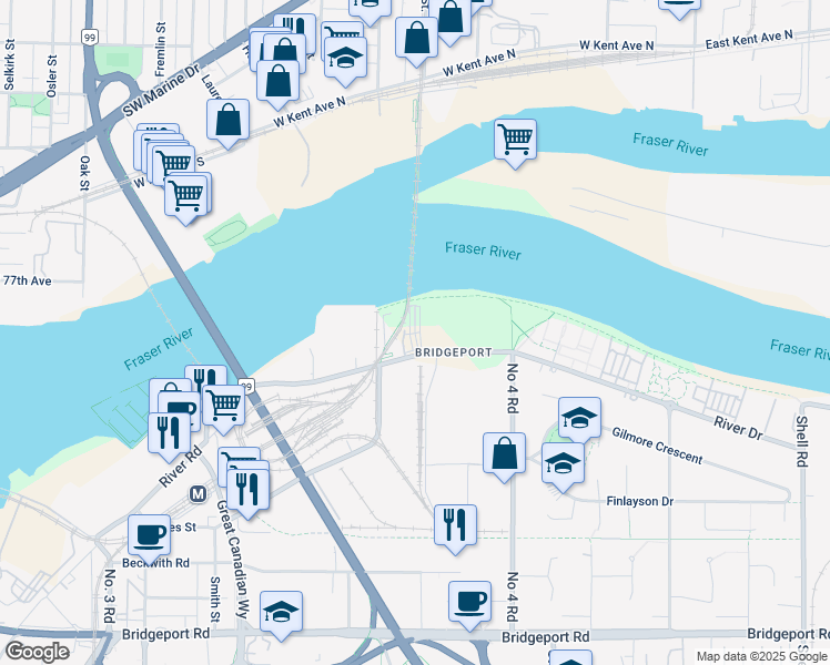 map of restaurants, bars, coffee shops, grocery stores, and more near 9871-9971 River Dr in Richmond