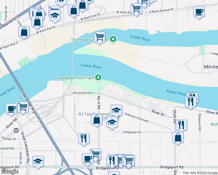 map of restaurants, bars, coffee shops, grocery stores, and more near 10033 River Drive in Richmond