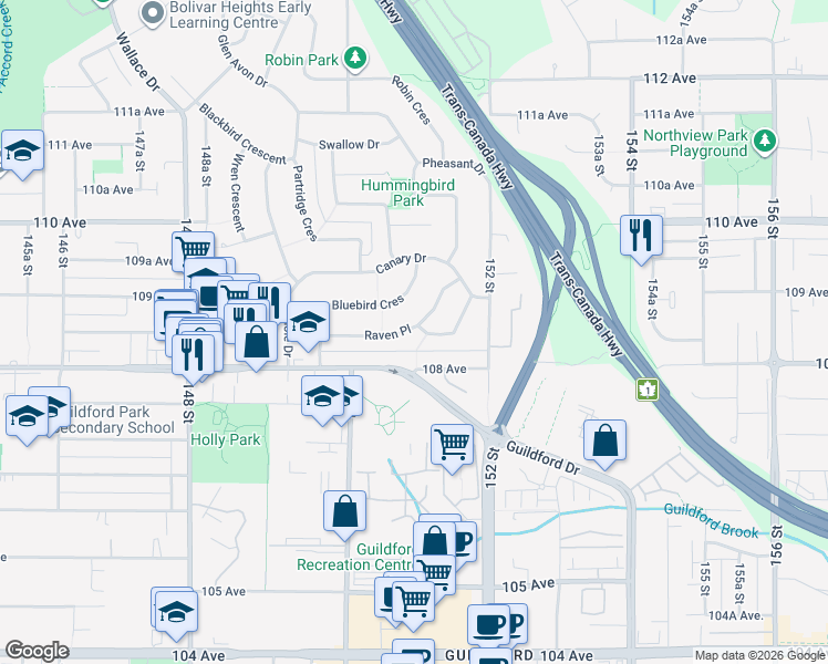 map of restaurants, bars, coffee shops, grocery stores, and more near 15084 Raven Place in Surrey