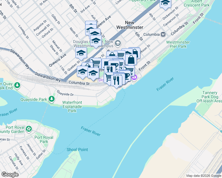 map of restaurants, bars, coffee shops, grocery stores, and more near 988 Quayside Drive in New Westminster