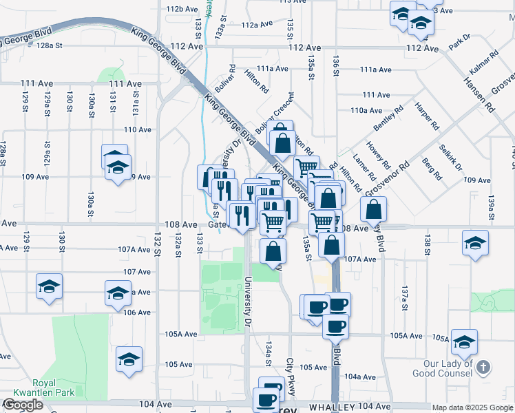 map of restaurants, bars, coffee shops, grocery stores, and more near 10858 University Drive in Surrey
