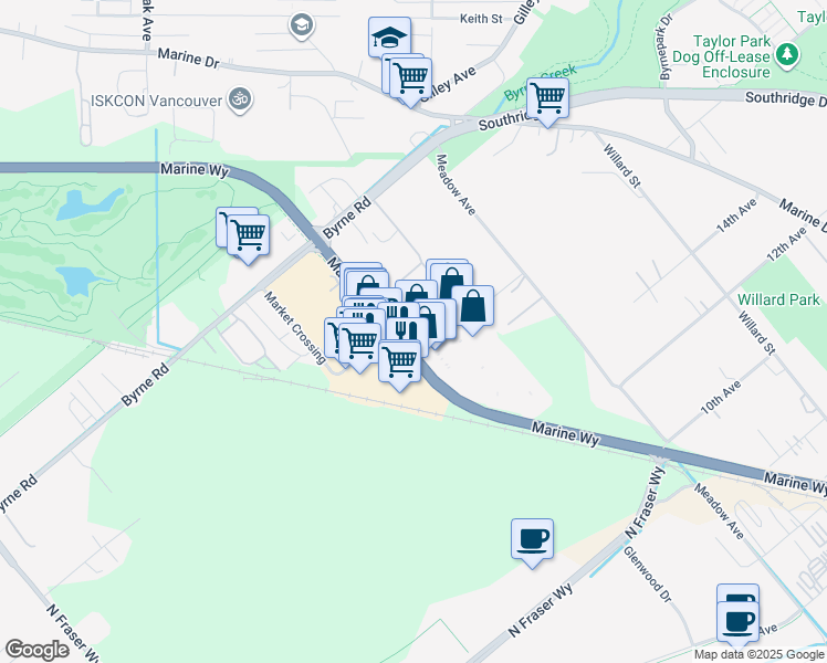map of restaurants, bars, coffee shops, grocery stores, and more near 5321 Marine Way in Burnaby