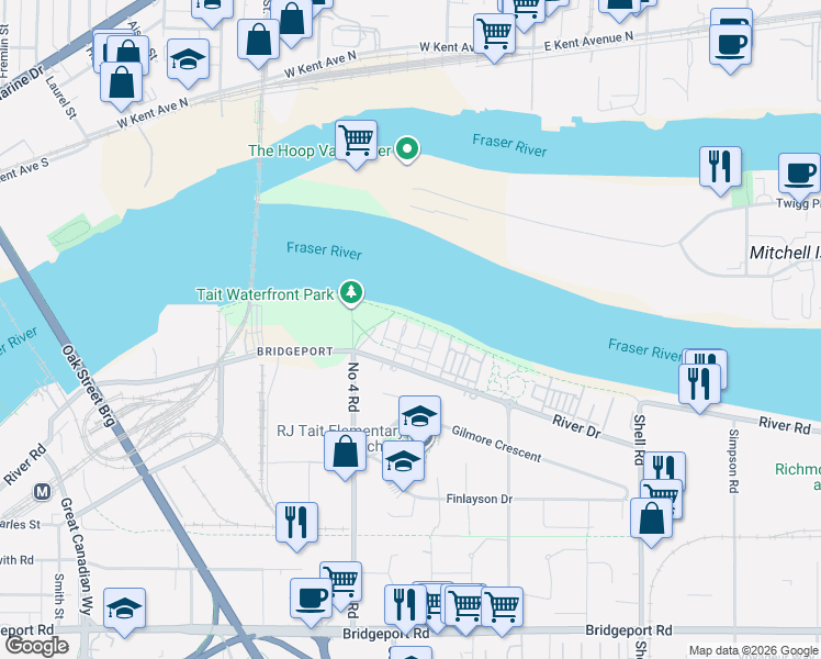 map of restaurants, bars, coffee shops, grocery stores, and more near 10155 River Drive in Richmond
