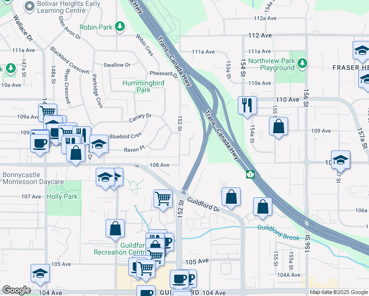 map of restaurants, bars, coffee shops, grocery stores, and more near 10836 152 Street in Surrey