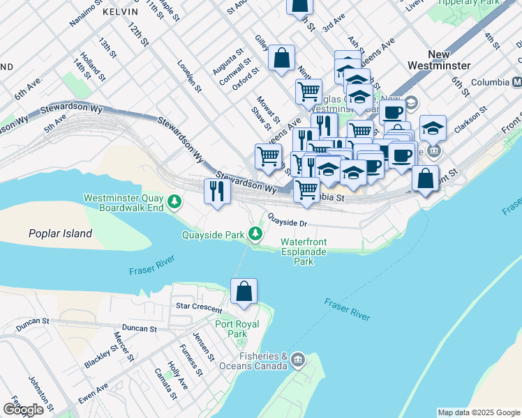 map of restaurants, bars, coffee shops, grocery stores, and more near in New Westminster