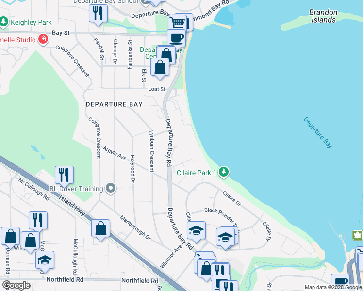 map of restaurants, bars, coffee shops, grocery stores, and more near 2562 Departure Bay Road in Nanaimo
