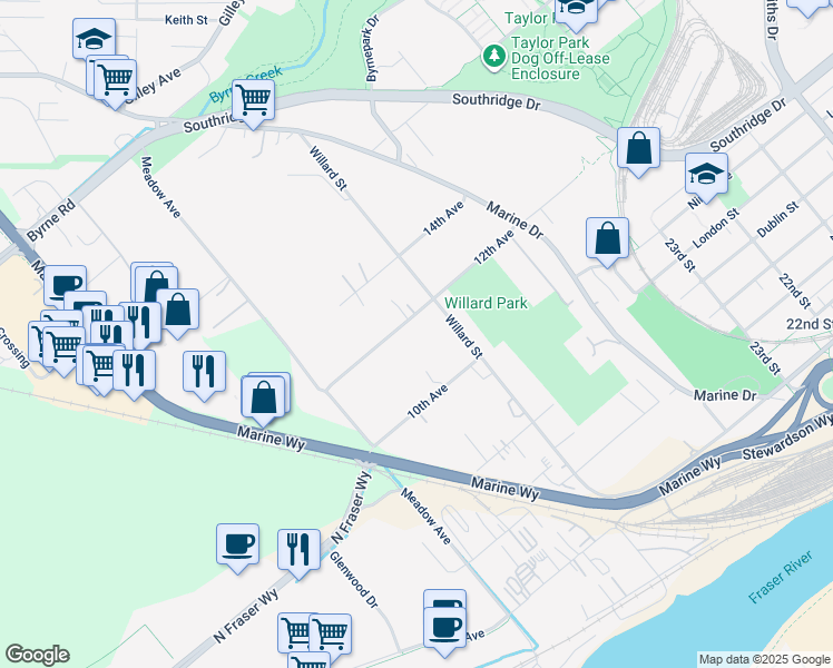 map of restaurants, bars, coffee shops, grocery stores, and more near 6118 12th Avenue in Burnaby