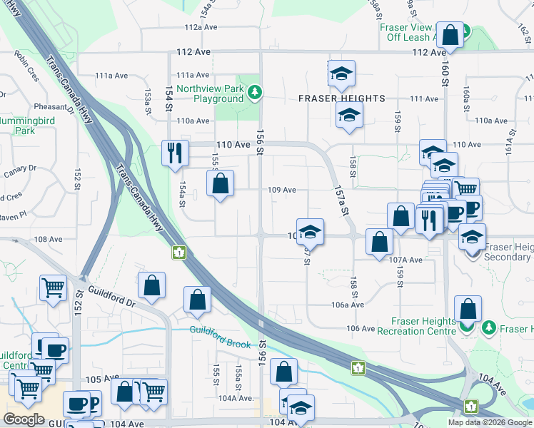 map of restaurants, bars, coffee shops, grocery stores, and more near 10850 156 Street in Surrey