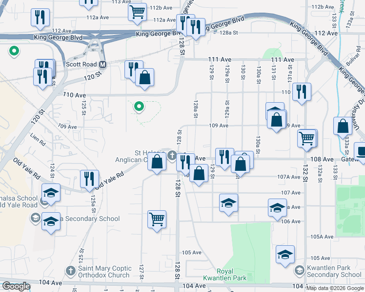 map of restaurants, bars, coffee shops, grocery stores, and more near 10836 128 Street in Surrey