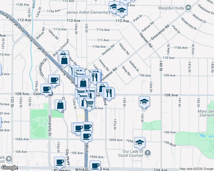 map of restaurants, bars, coffee shops, grocery stores, and more near 10838 Whalley Boulevard in Surrey