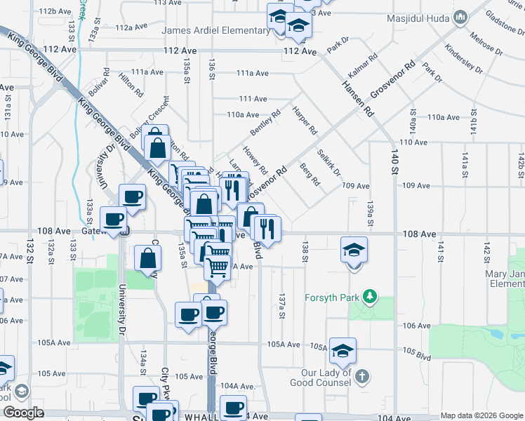 map of restaurants, bars, coffee shops, grocery stores, and more near 10838 Whalley Boulevard in Surrey