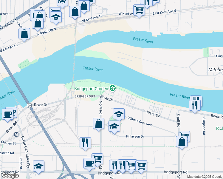 map of restaurants, bars, coffee shops, grocery stores, and more near 10013 River Drive in Richmond
