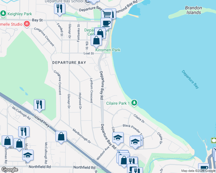 map of restaurants, bars, coffee shops, grocery stores, and more near 2560 Departure Bay Road in Nanaimo