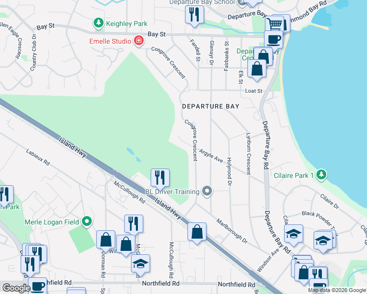 map of restaurants, bars, coffee shops, grocery stores, and more near 1820 Argyle Avenue in Nanaimo