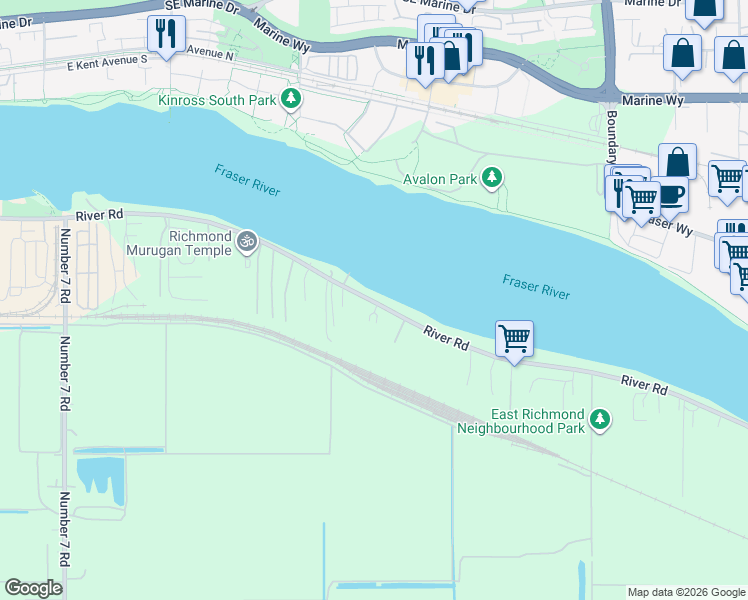 map of restaurants, bars, coffee shops, grocery stores, and more near 17191 River Road in Richmond