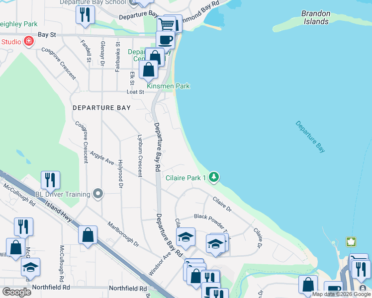map of restaurants, bars, coffee shops, grocery stores, and more near 2535 Battersea Road in Nanaimo