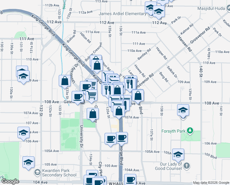 map of restaurants, bars, coffee shops, grocery stores, and more near 13569 King George Boulevard in Surrey