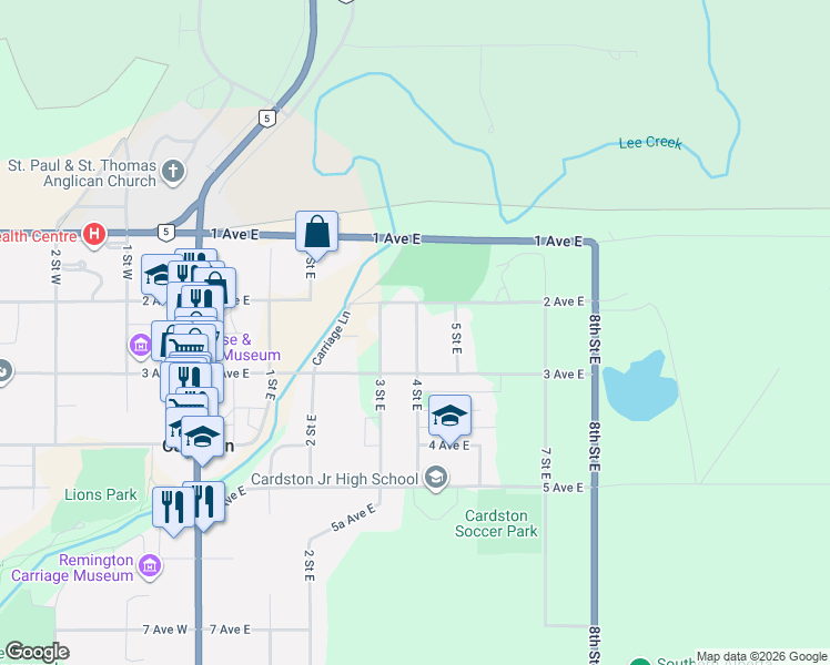 map of restaurants, bars, coffee shops, grocery stores, and more near 227 4 Street East in Cardston