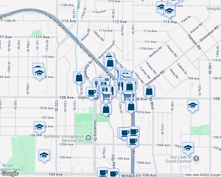 map of restaurants, bars, coffee shops, grocery stores, and more near in Surrey