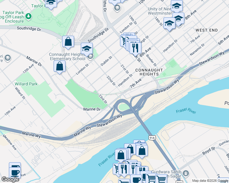 map of restaurants, bars, coffee shops, grocery stores, and more near 2204 Hamilton Street in New Westminster