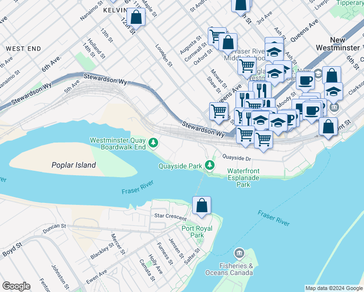 map of restaurants, bars, coffee shops, grocery stores, and more near 1 Renaissance Square in New Westminster