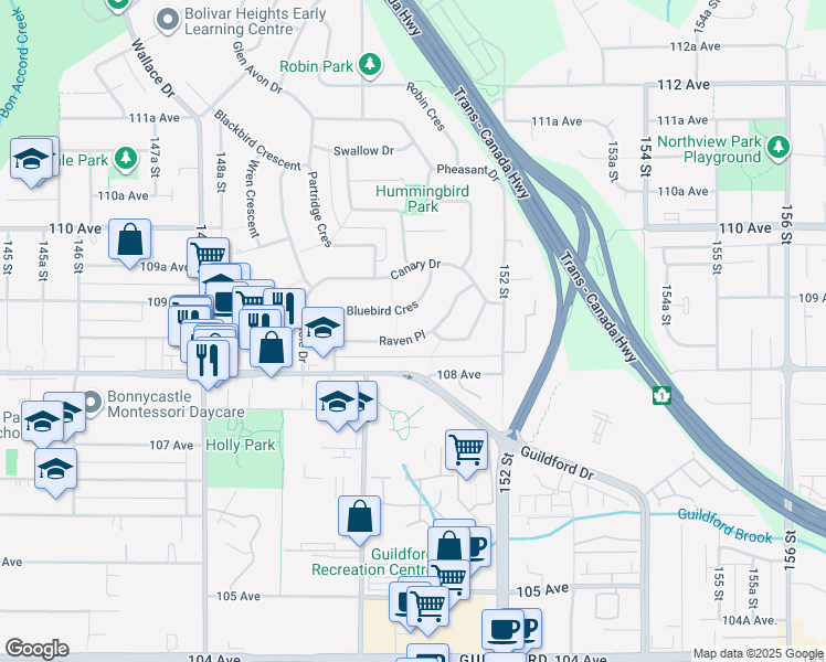 map of restaurants, bars, coffee shops, grocery stores, and more near 15071 Raven Place in Surrey