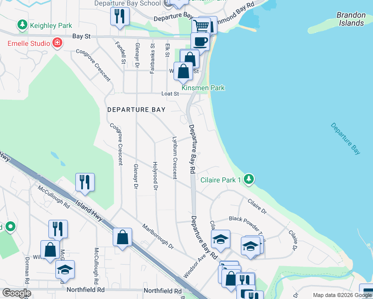 map of restaurants, bars, coffee shops, grocery stores, and more near 2545 Departure Bay Road in Nanaimo