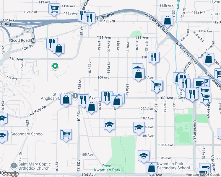 map of restaurants, bars, coffee shops, grocery stores, and more near 10848 129A Street in Surrey