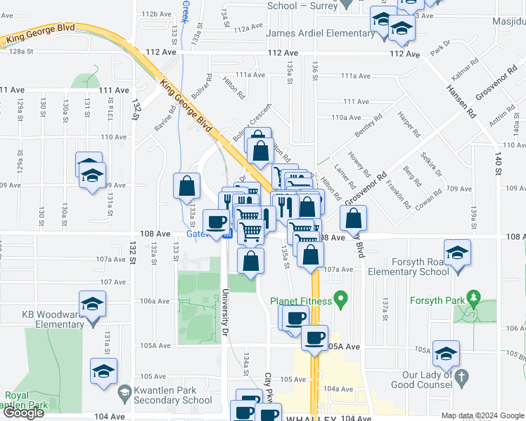 map of restaurants, bars, coffee shops, grocery stores, and more near 10838 City Parkway in Surrey