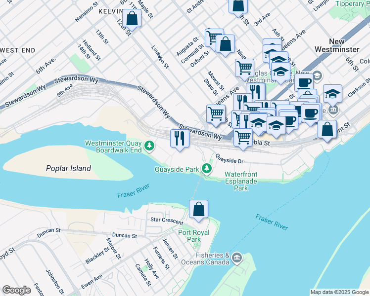 map of restaurants, bars, coffee shops, grocery stores, and more near 1 Renaissance Square in New Westminster