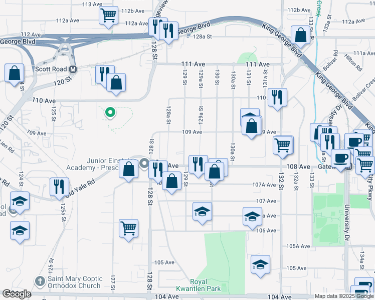 map of restaurants, bars, coffee shops, grocery stores, and more near 10846 129 Street in Surrey