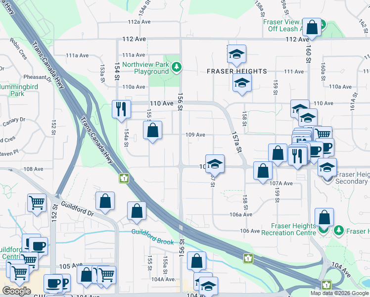 map of restaurants, bars, coffee shops, grocery stores, and more near 10862 156 Street in Surrey